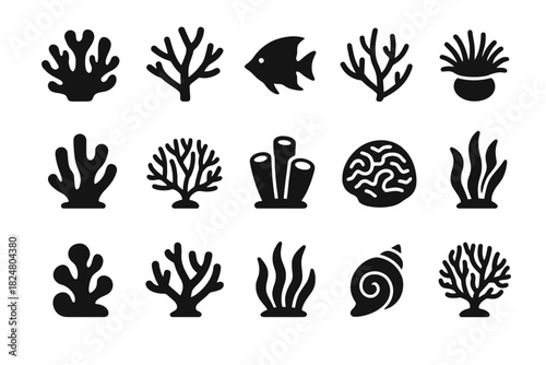 Silhouette icons of marine coral, sea plants, and fish in minimalist design