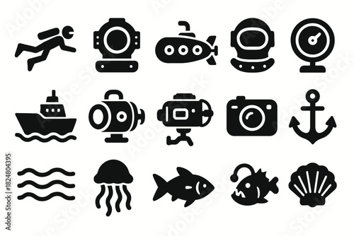 Diving icons: submarine, diver, helmet, camera, fish, anchor, waves, jellyfish, shell