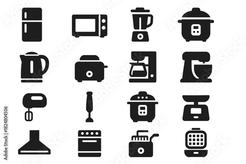 Silhouette icons of kitchen appliances including blender, toaster, and waffle maker