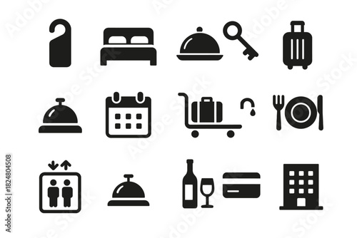 Hotel icons: bed, luggage, meal, key, and amenities illustrations