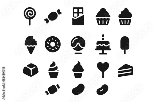 Assorted dessert and sweet icons set: cupcake, lollipop, ice cream, candy, cake