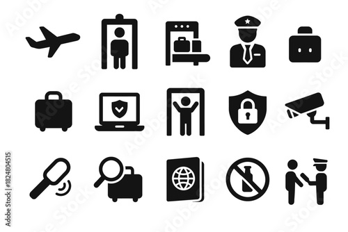 Airport security icons: travel, screening, safety, protection, inspection symbols