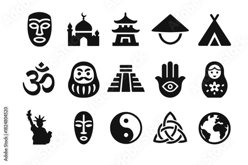 Cultural symbols compilation: global icon set featuring landmarks and religious emblems