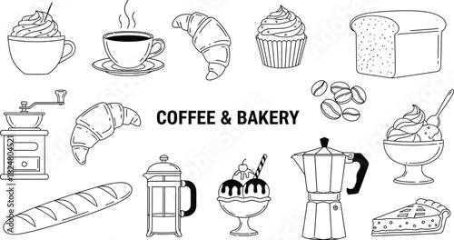 Hand drawn coffee and bakery items illustration sketch design