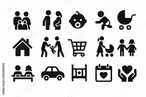 Family icon set: parenting, childcare, shopping, and home activities in silhouette