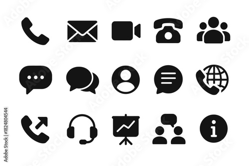 Communication icons set: phone, email, video, contact, global, chat, info
