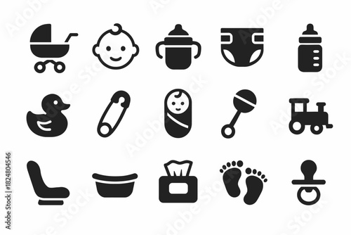 Baby essentials icons: pram, bottle, diaper, pacifier, toys - black and white set