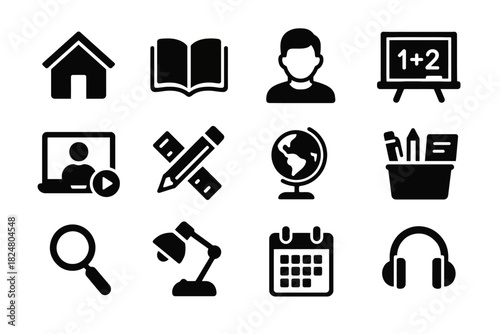Education icons: home, book, student, math, online learning, school supplies, world globe