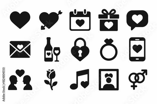 Romantic icons set: hearts, gifts, and love symbols collection