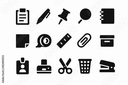 Office supplies icons set including pen, scissors, stapler, and clipboard in black silhouette