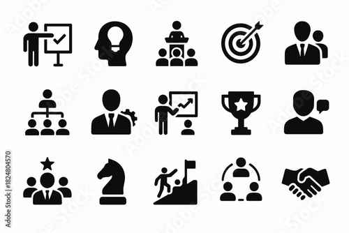 Business and leadership icons: charts, teamwork, targets, speeches, and awards