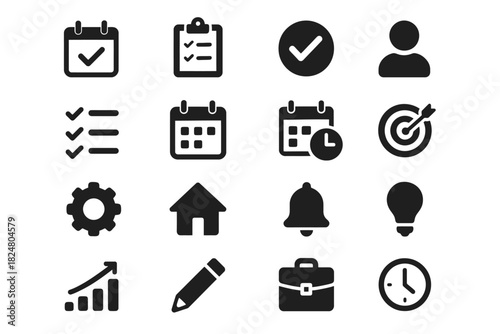 Business and productivity icons: calendars, checklists, settings, alerts, and more