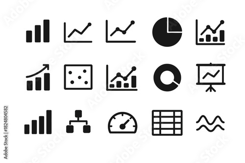 Collection of data visualization icons: graphs, charts, diagrams for analytics