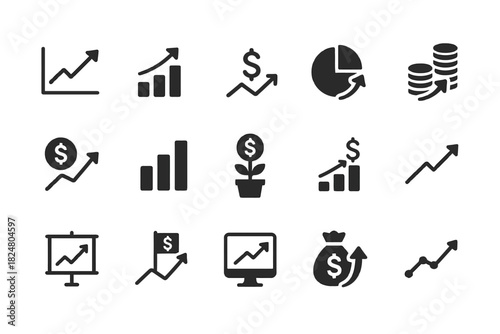 Economic growth icons: charts, arrows, dollar signs, coins, financial success symbols