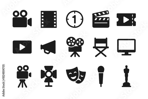 Film industry icons: camera, clapboard, microphone, director's chair, movie reel, award statue