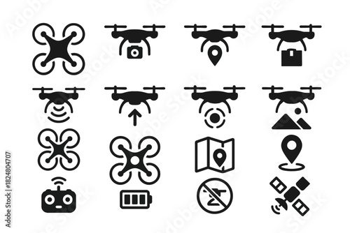 Drone icon set: camera, gps, delivery, controller, battery, no drone zones