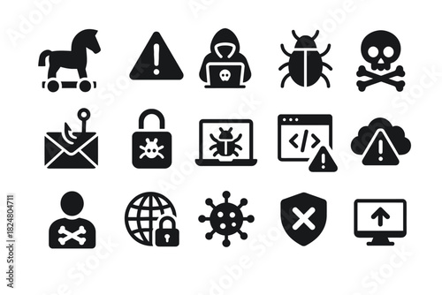 Cybersecurity icons: trojans, phishing, malware, bugs, and data protection symbols