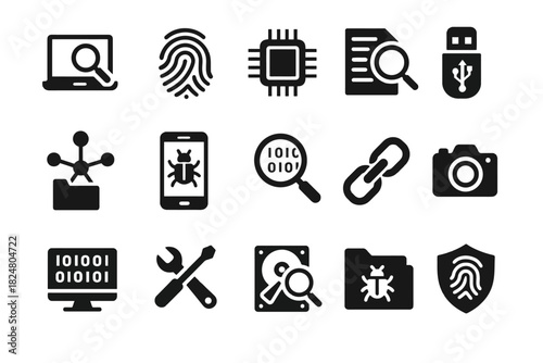 Set of cybersecurity and technology icons in black and white design