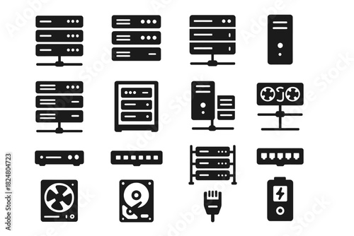 Collection of server and networking equipment icons in black and white