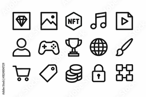 Digital icon set featuring gaming, nft, music, and security symbols