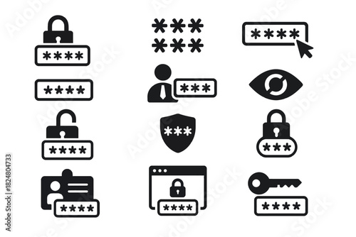 Security icons set with password, lock, eye, and user symbols