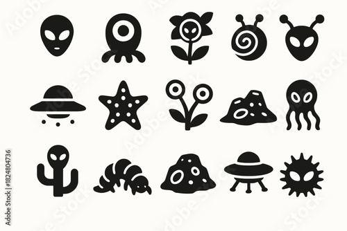 Playful alien and space-symbol icons in black silhouette style