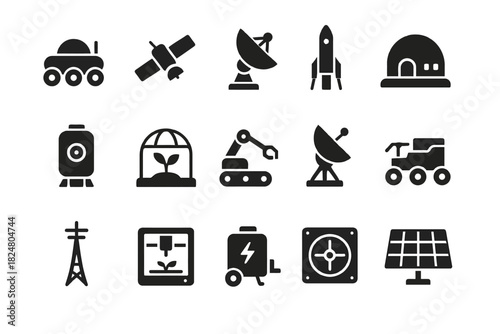 Space exploration icons: satellite, rocket, mars rover, 3d printer, robotics, renewable energy