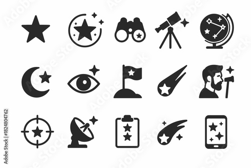 Celestial icon set: stars, telescope, globe, and more