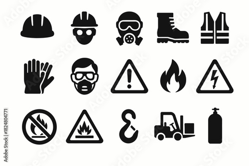 Safety icons collection: helmet, gas mask, gloves, warning signs