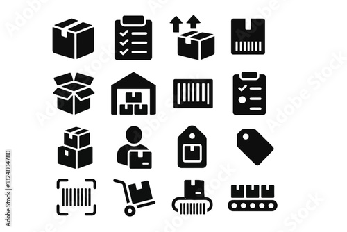 Shipping and inventory icons: boxes, barcodes, tags, and more