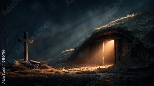 A stone tomb cave with bright interior light and a wooden cross on a hill against the backdrop of a sunset sky, symbolizing Easter and the resurrection of Jesus Christ.	
