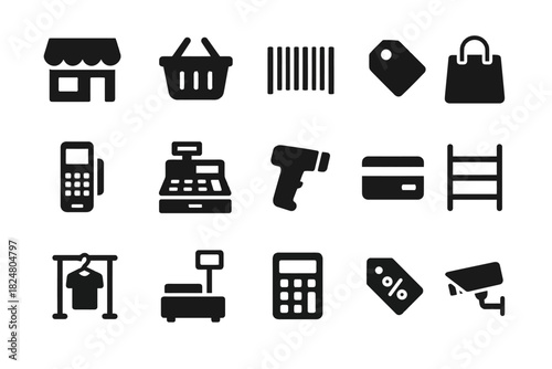 Retail icons collection: shopping, barcode, price tag, cash register, credit card, discount, security