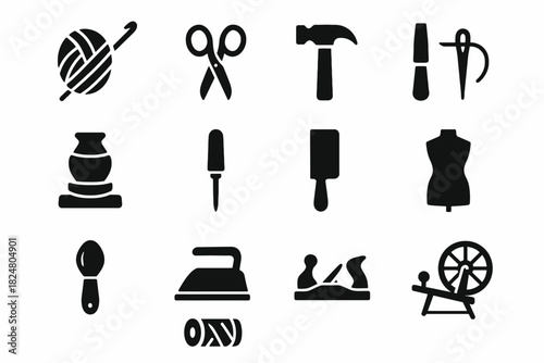 Set of sewing and craft tool icons including scissors, hammer, needle, and iron