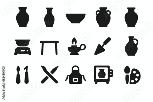 Set of pottery and craft icons featuring vases, tools, and equipment
