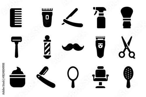 Barber shop icon set: tools and symbols for grooming and styling