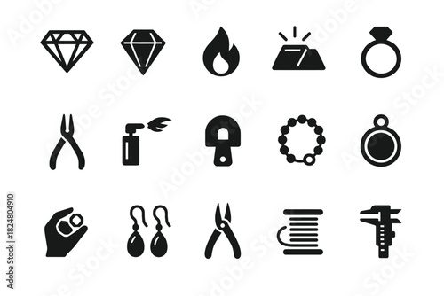 Jewelry making tools and symbols: diamonds, fire, gold bar, ring icons