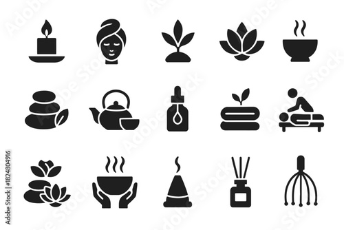 Wellness icons set: spa, relaxation, aromatherapy, and massage symbols