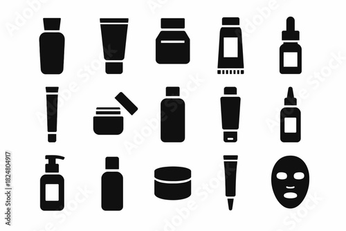 Black silhouette icons of skincare bottles, jars, tubes, droppers, and mask