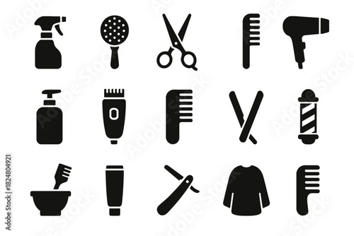 Barbershop and hairdressing tool icons set: scissors, comb, hairdryer, razor, spray bottle
