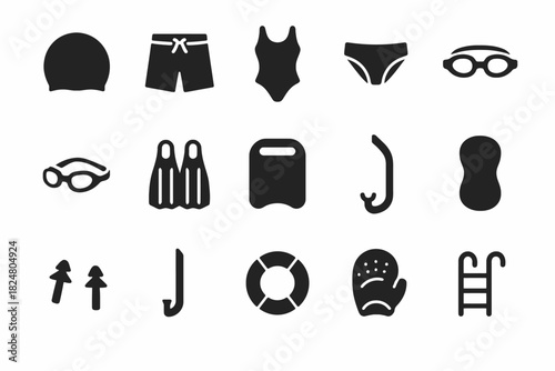 Swimming gear icons: caps, goggles, snorkels, swimwear, flippers, pool ladders