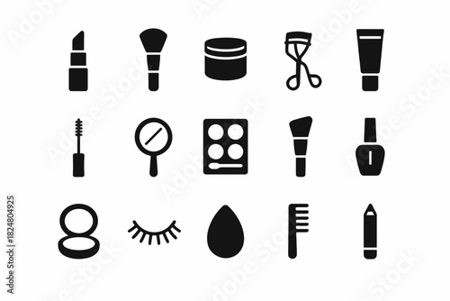Makeup icon set with lipstick, brush, mirror, eyeliner, mascara, and more