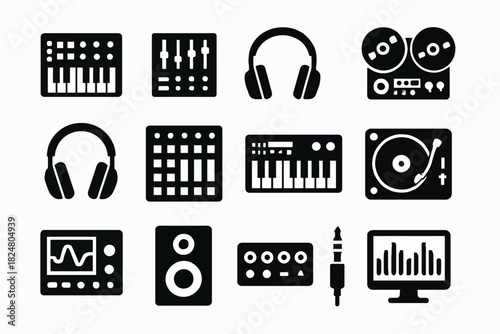 Music equipment icons: keyboards, headphones, mixers, speakers, turntables