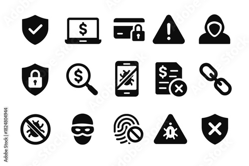 Cybersecurity icons set: shields, locks, warnings, and bug alerts