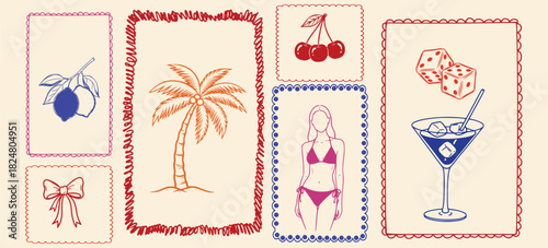 Monochrome Orange Summer Collage – Stylized Beach & Western Icons for Merch, Decor & Tattoo Flash