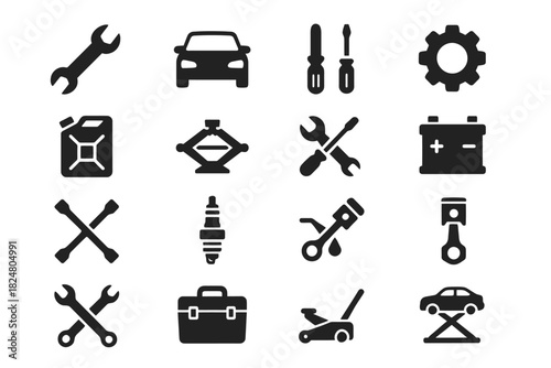 Automotive tools and parts icons: wrench, car, screwdriver, gear, battery
