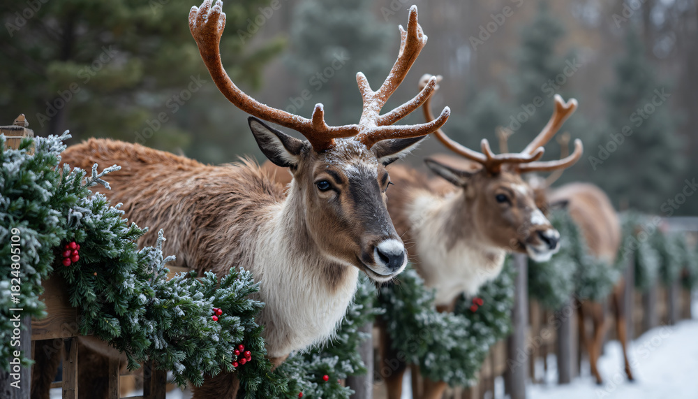 Fototapeta premium Reindeer with Christmas Decorations in Snow
