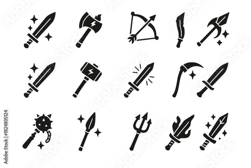 Collection of fantasy weapon icons: swords, axes, bows, hammers, and spears