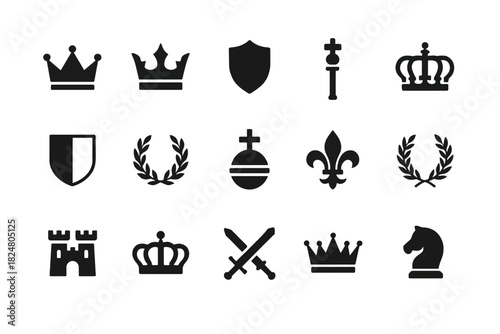 Collection of medieval icons: crowns, shields, swords, laurel, fleur-de-lis, horse head