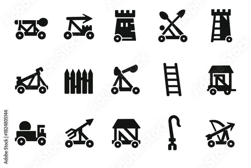 Collection of medieval siege weapon and fortress icons