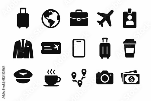 Travel and business icons: luggage, airplane, suit, passport, location, coffee, camera, money